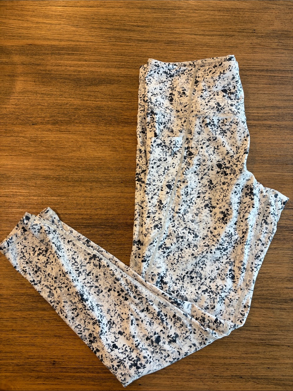 Athleta Cream Leggings with Black Speckle Print